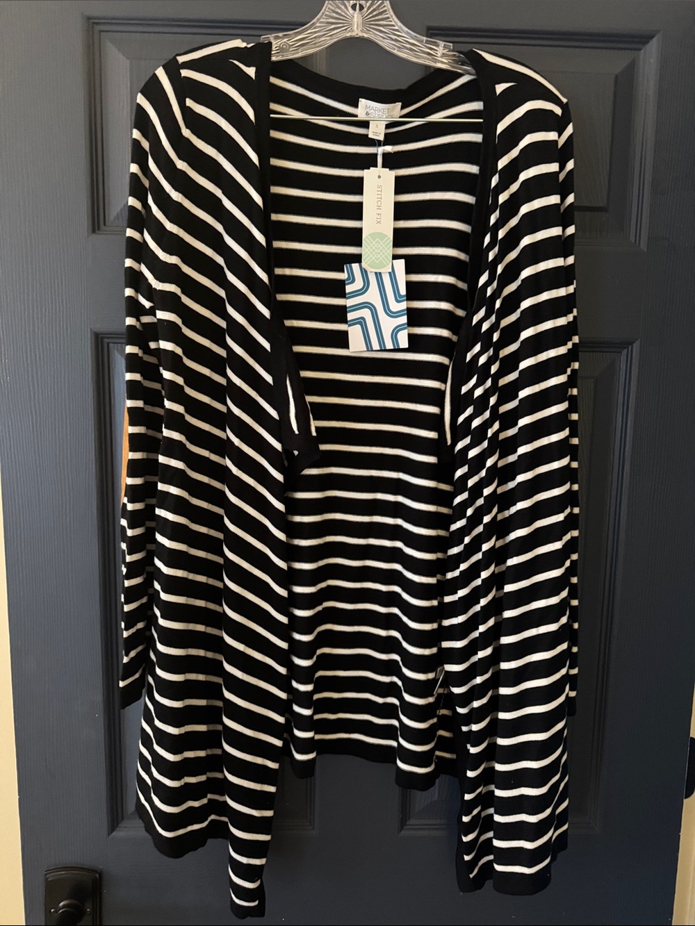 Market & Spruce Black and White Striped Open-Front Cardigan